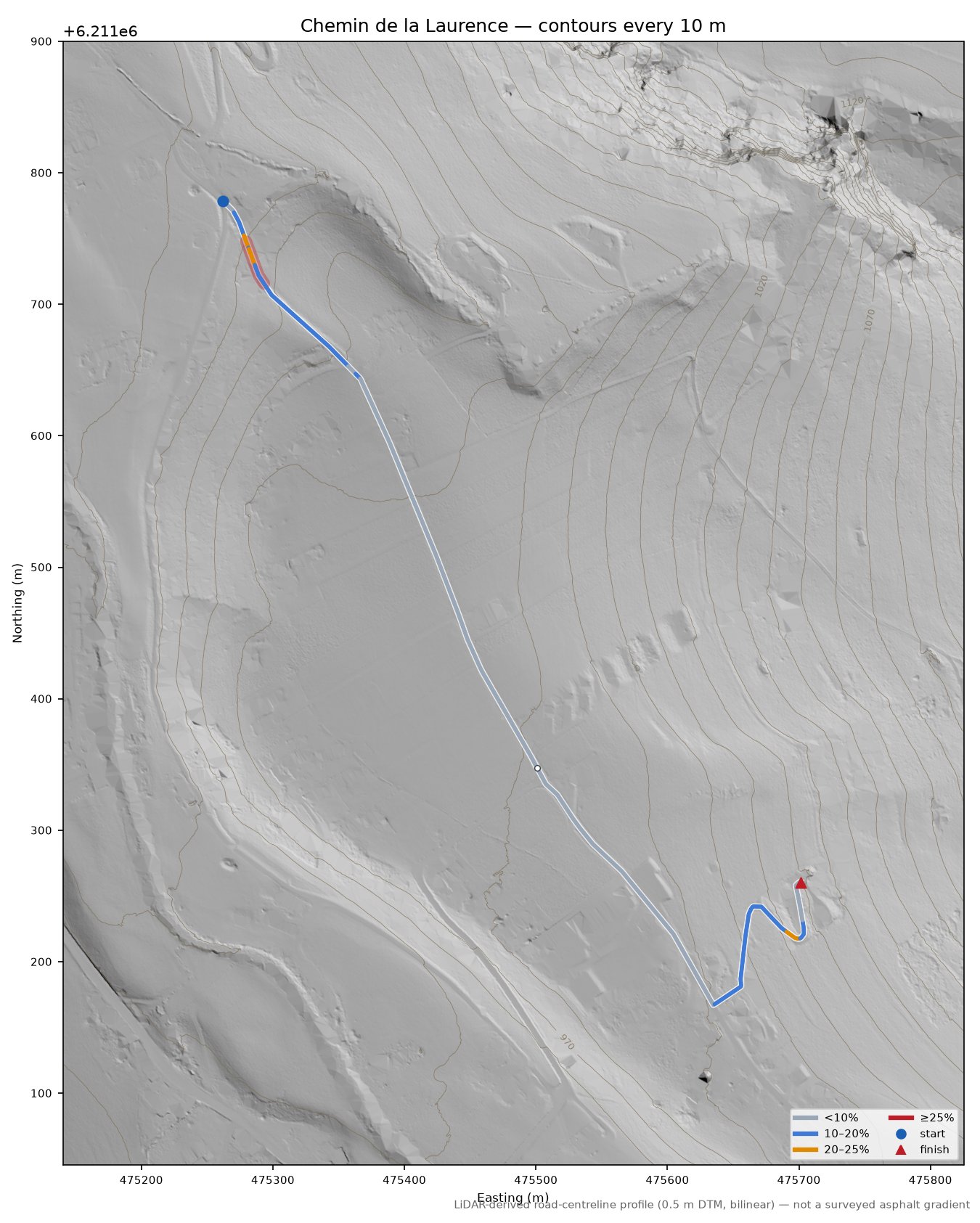 Chemin de la Laurence LiDAR hillshade map with contours