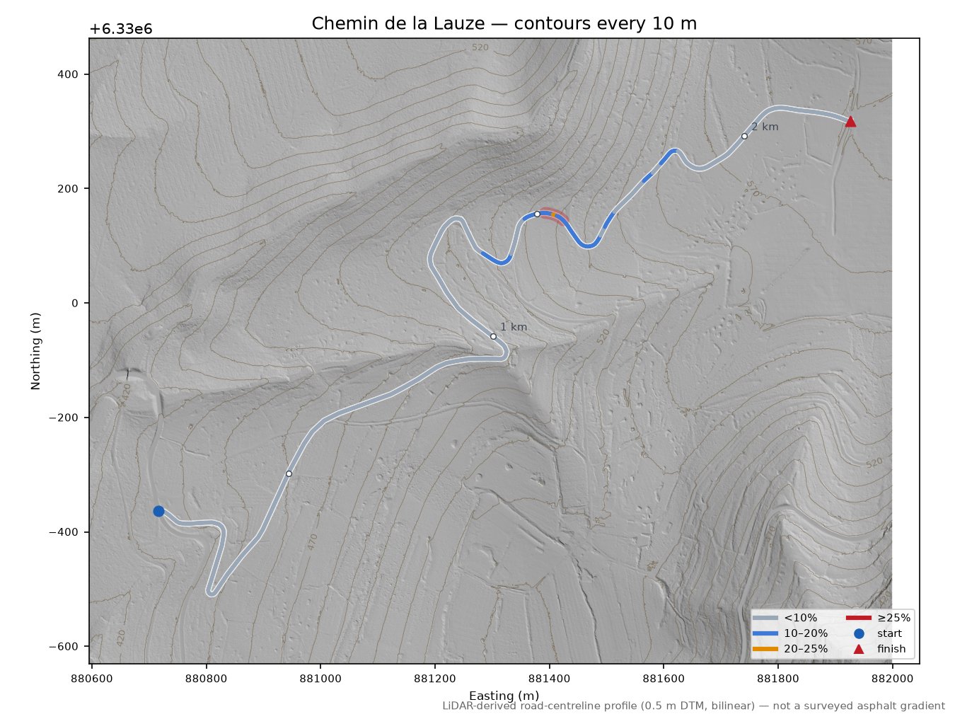Chemin de la Lauze LiDAR hillshade map with contours