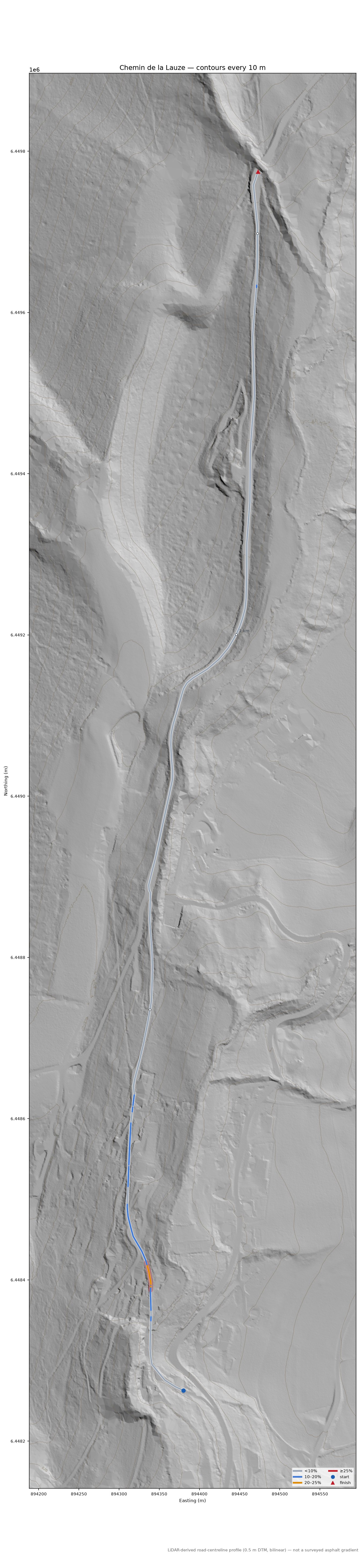 Chemin de la Lauze LiDAR hillshade map with contours