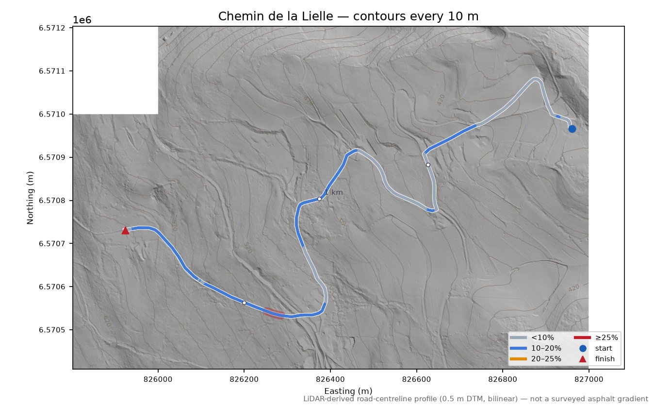 Chemin de la Lielle LiDAR hillshade map with contours