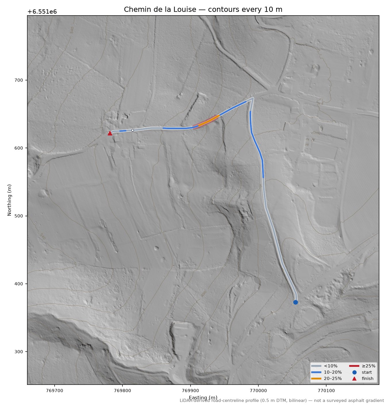 Chemin de la Louise LiDAR hillshade map with contours