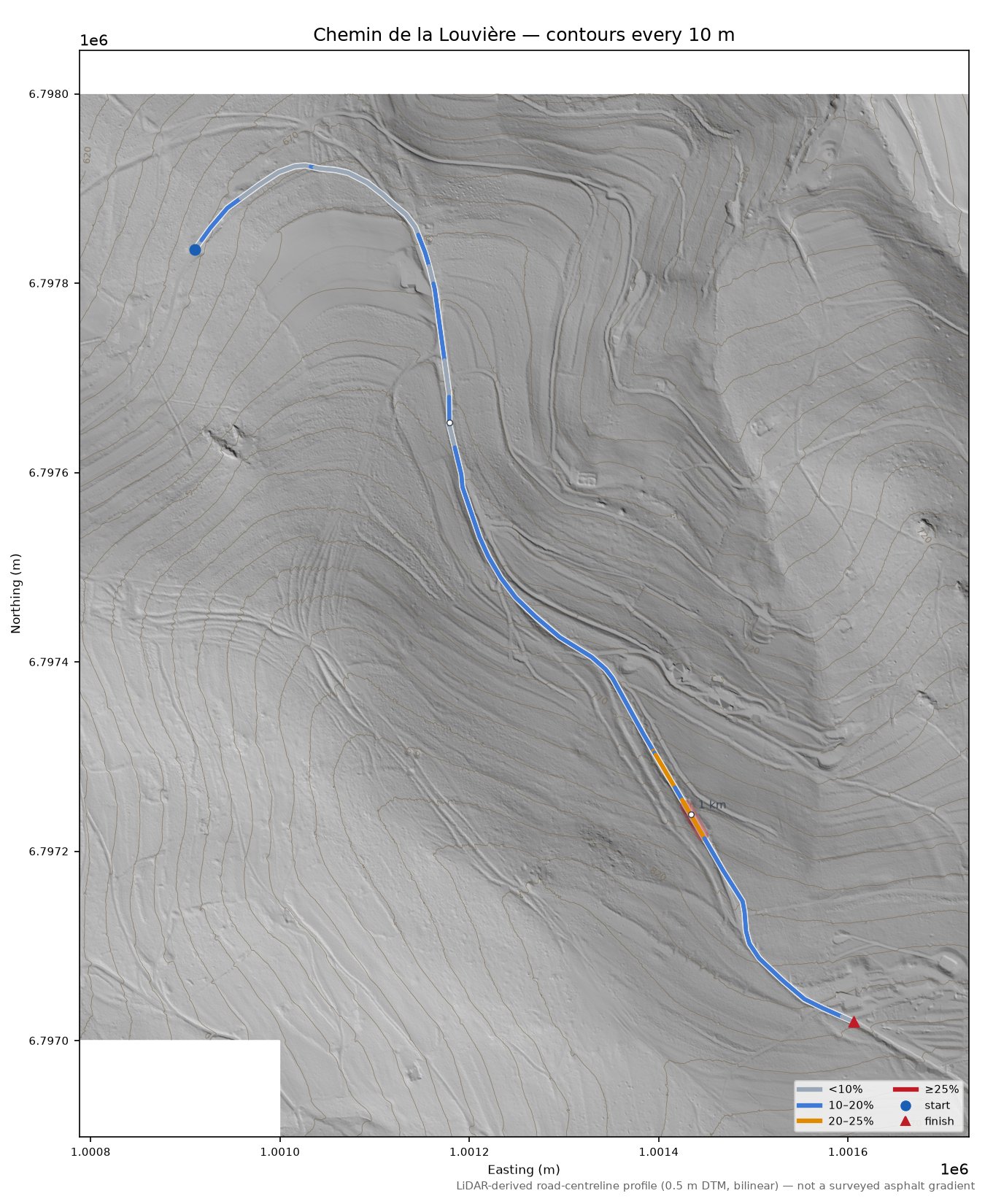 Chemin de la Louvière LiDAR hillshade map with contours