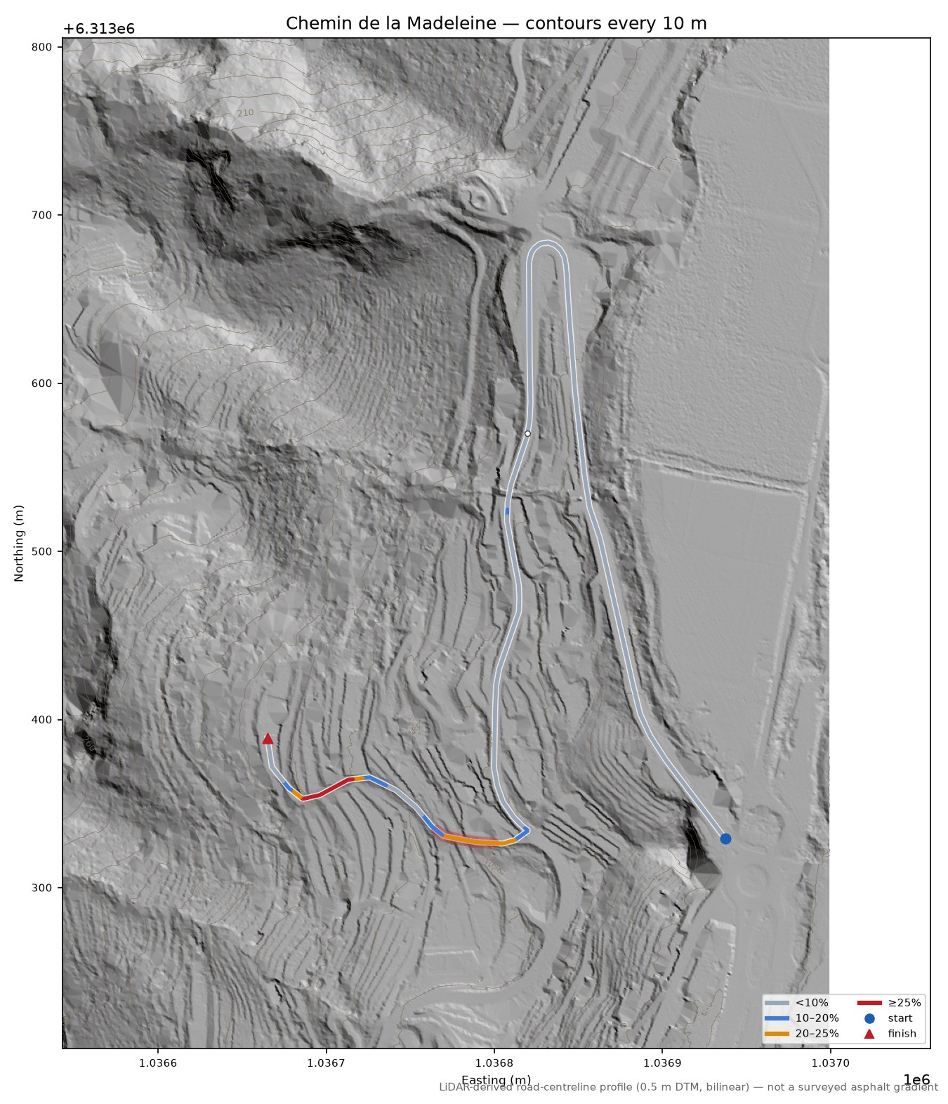 Chemin de la Madeleine LiDAR hillshade map with contours