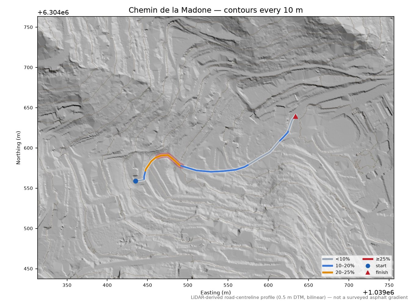 Chemin de la Madone LiDAR hillshade map with contours