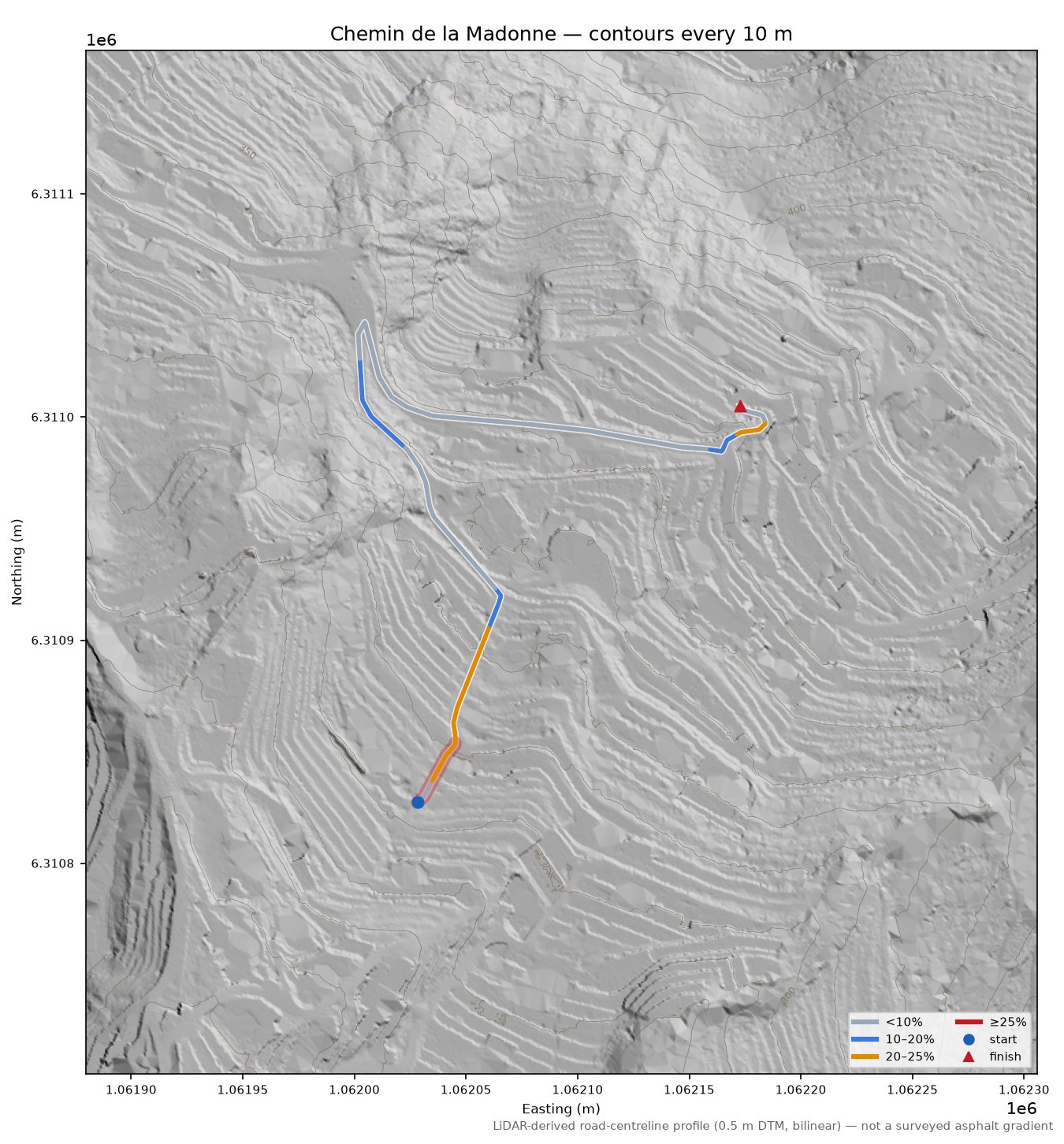 Chemin de la Madonne LiDAR hillshade map with contours