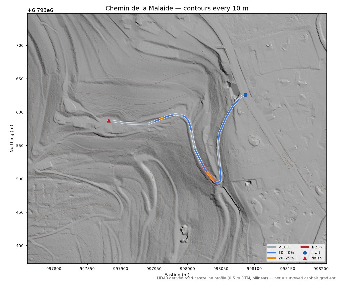 Chemin de la Malaide LiDAR hillshade map with contours