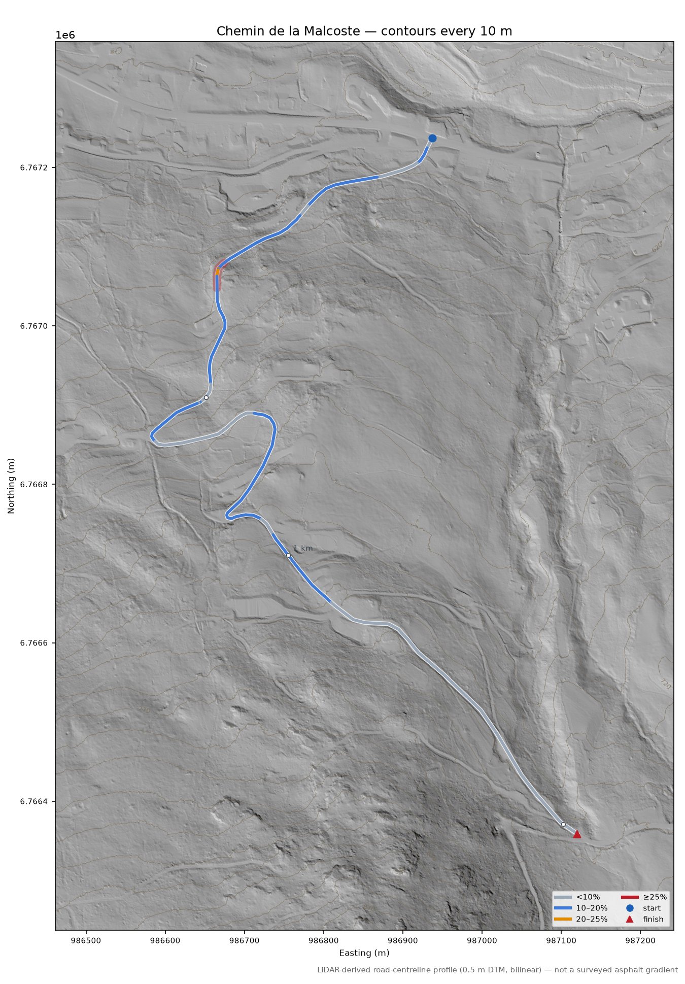 Chemin de la Malcoste LiDAR hillshade map with contours