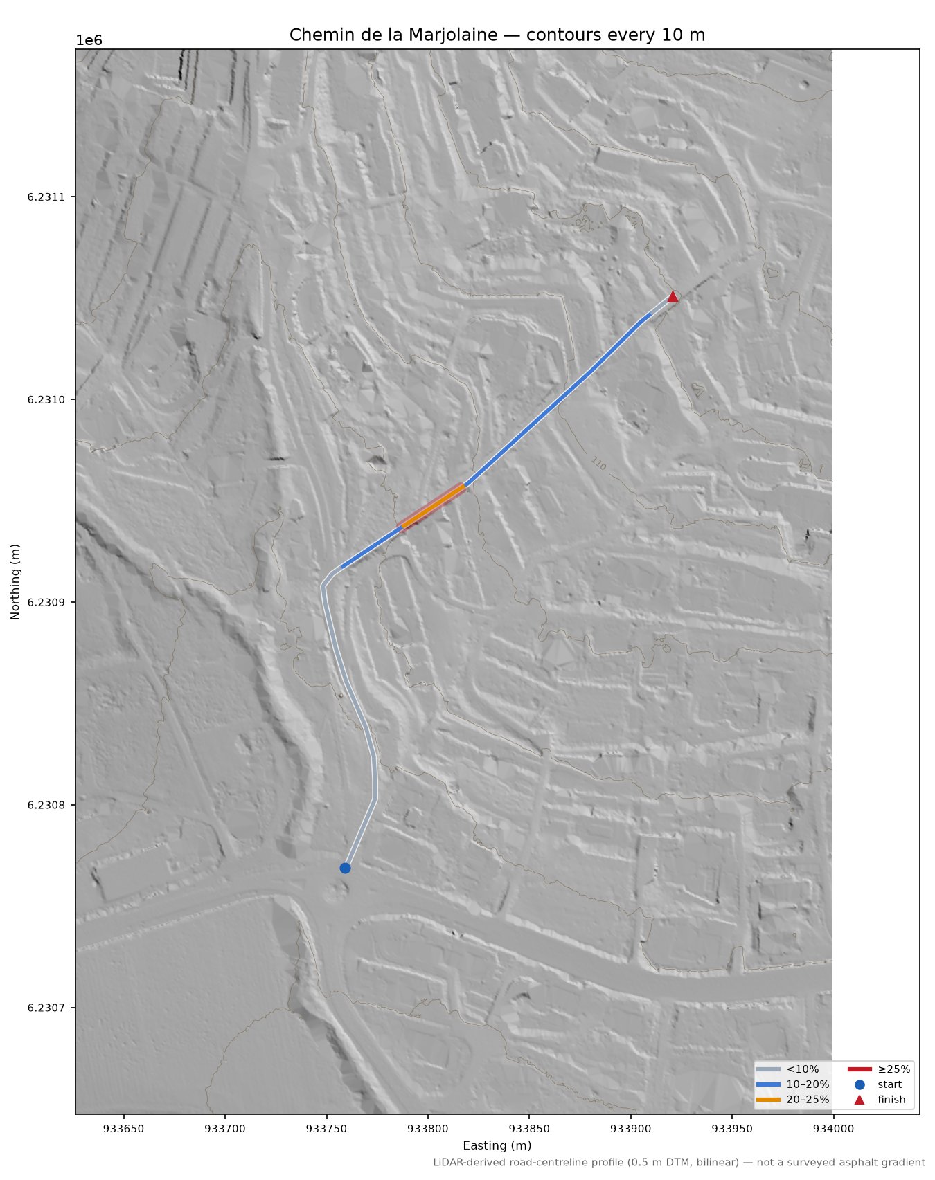 Chemin de la Marjolaine LiDAR hillshade map with contours