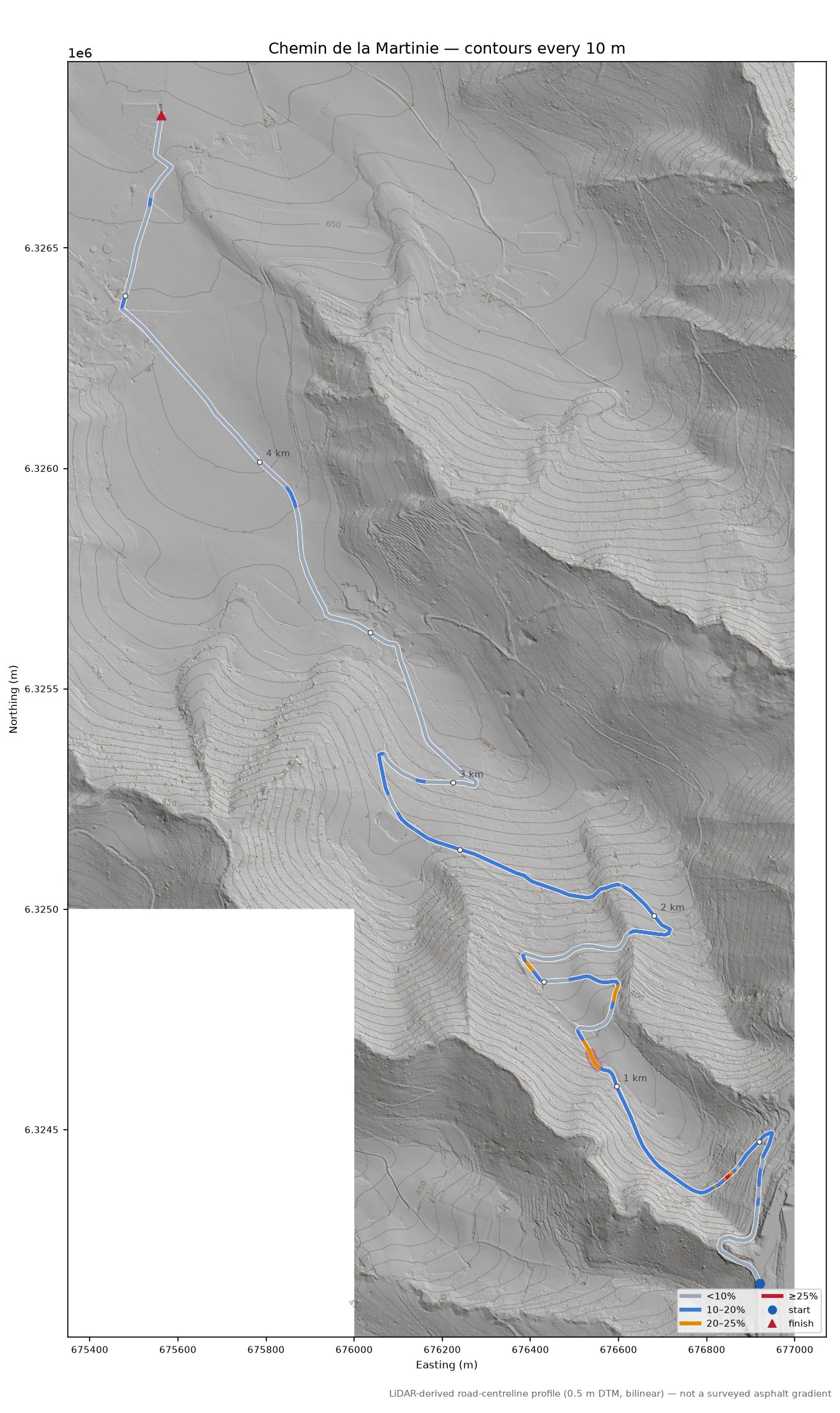 Chemin de la Martinie LiDAR hillshade map with contours