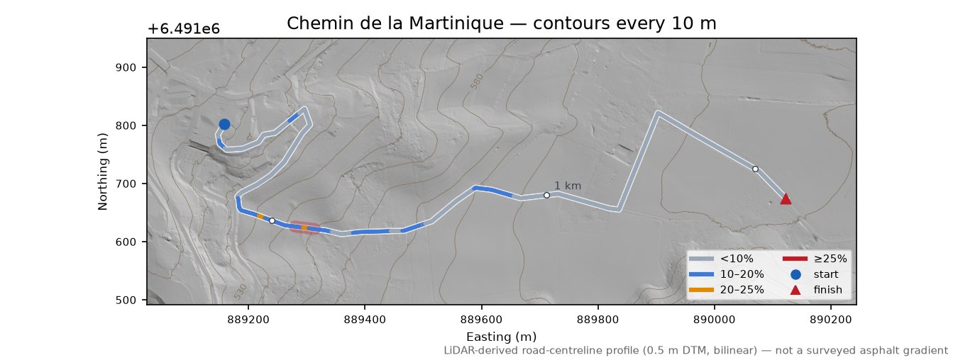 Chemin de la Martinique LiDAR hillshade map with contours