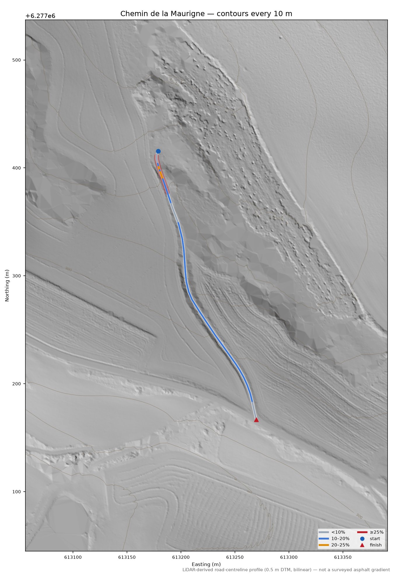 Chemin de la Maurigne LiDAR hillshade map with contours