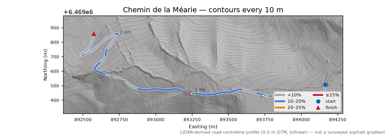 Chemin de la Méarie LiDAR hillshade map with contours