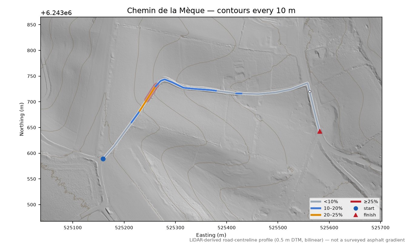 Chemin de la Mèque LiDAR hillshade map with contours