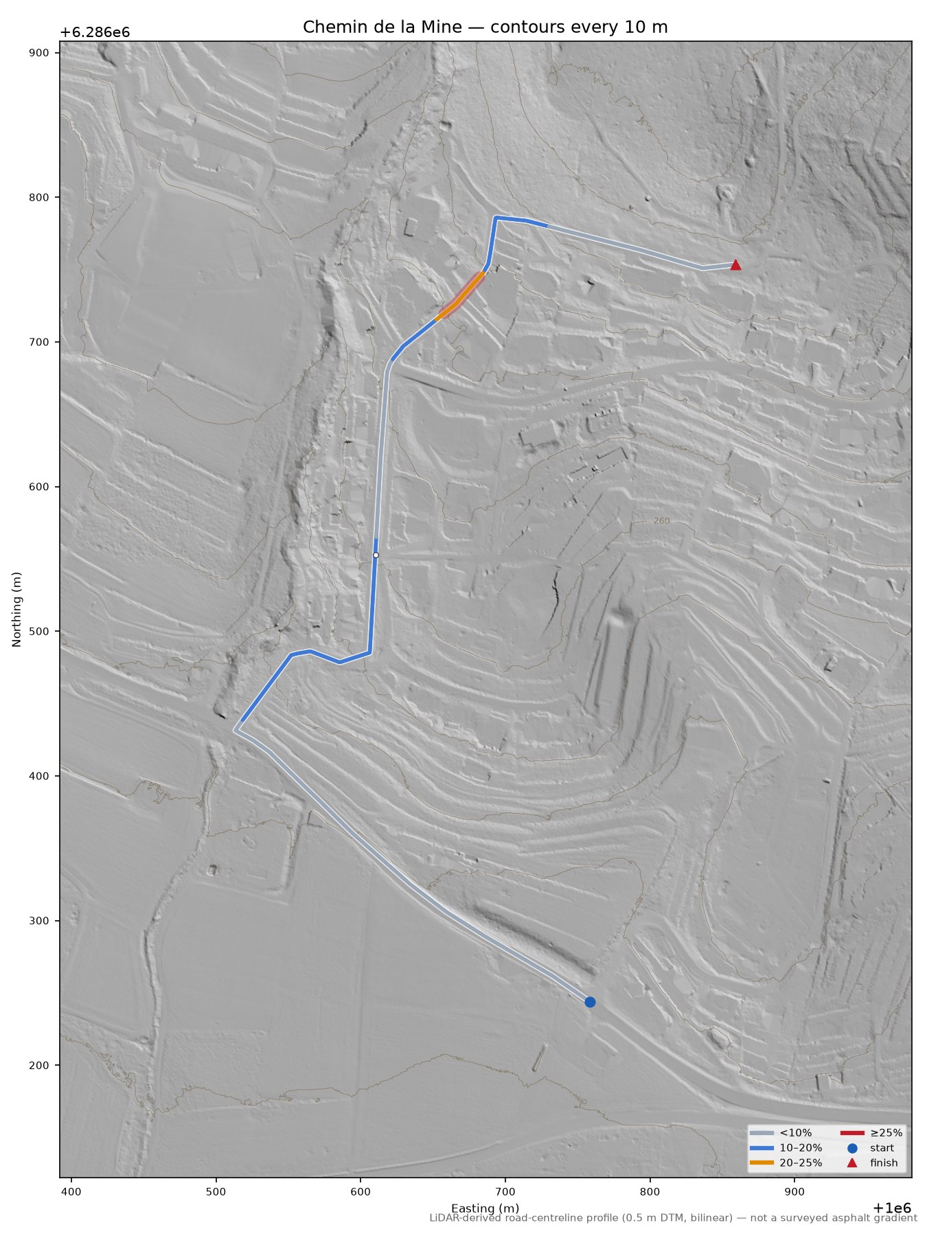 Chemin de la Mine LiDAR hillshade map with contours