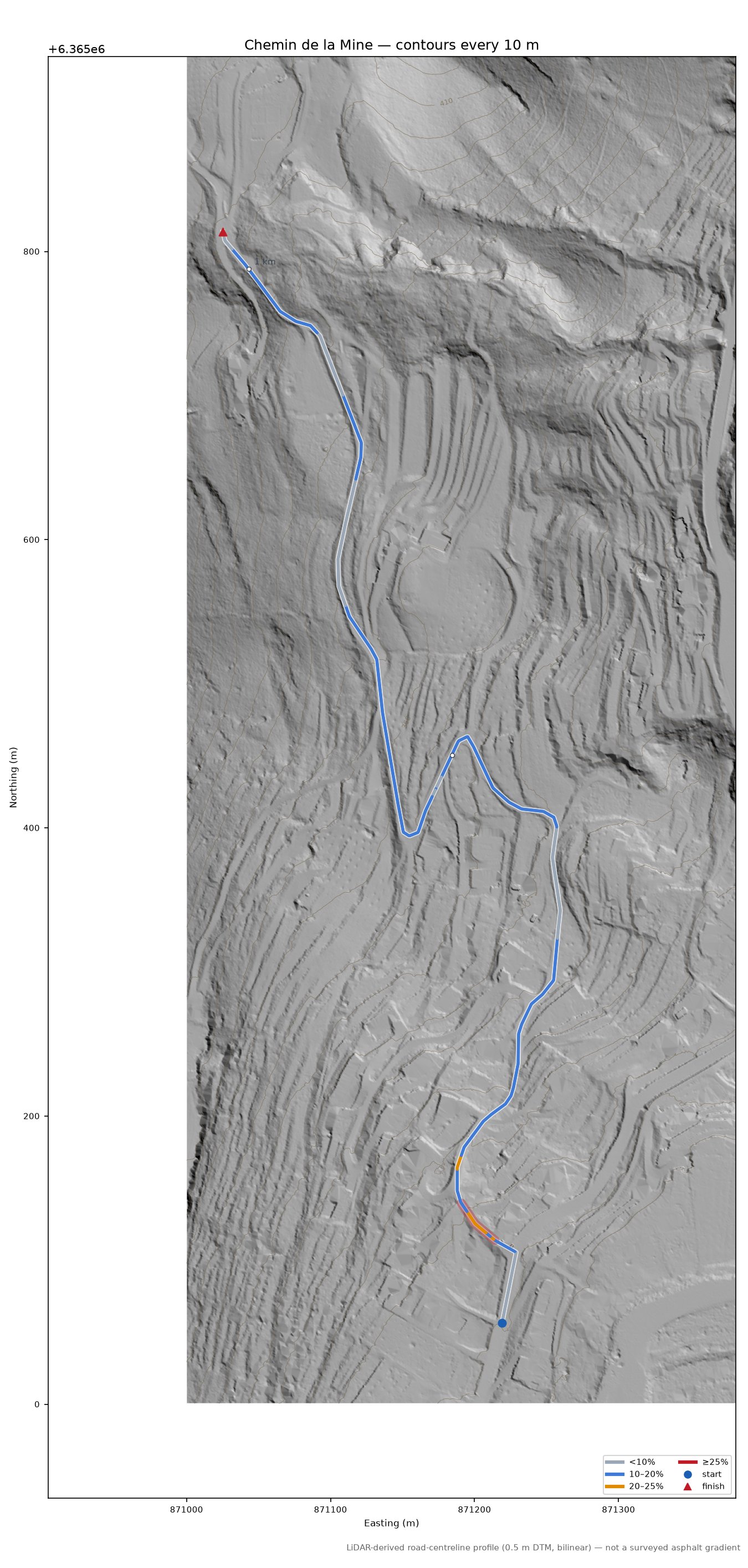 Chemin de la Mine LiDAR hillshade map with contours