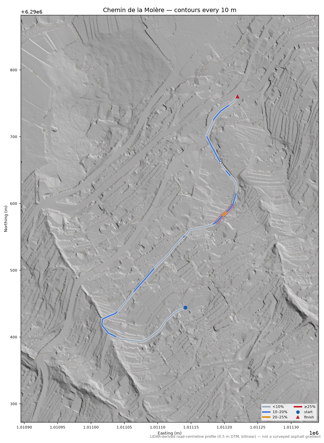 Chemin de la Molère LiDAR hillshade map with contours