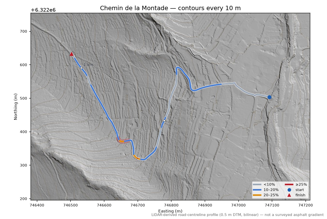 Chemin de la Montade LiDAR hillshade map with contours