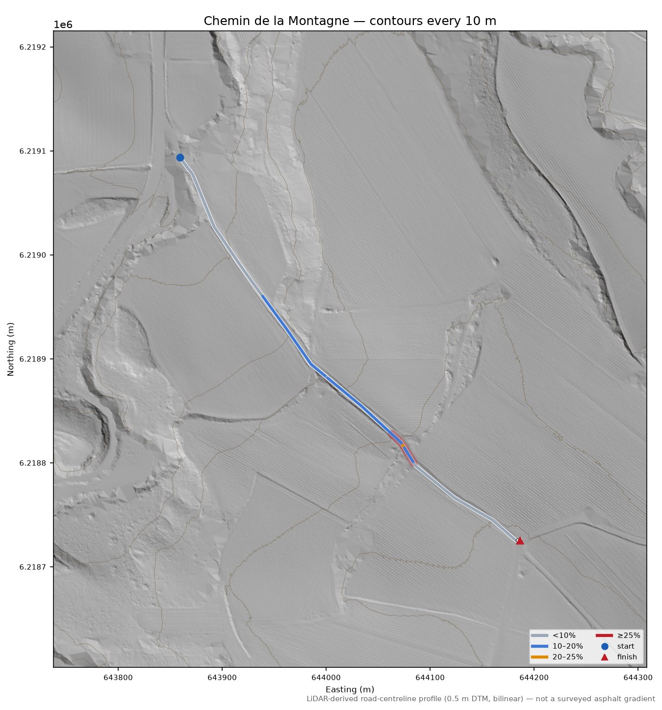 Chemin de la Montagne LiDAR hillshade map with contours