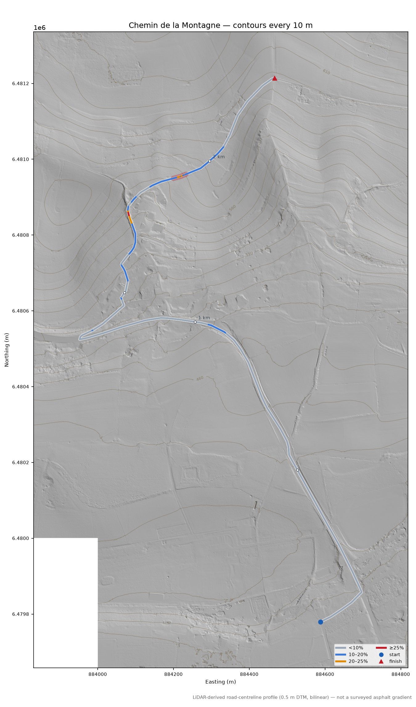 Chemin de la Montagne LiDAR hillshade map with contours