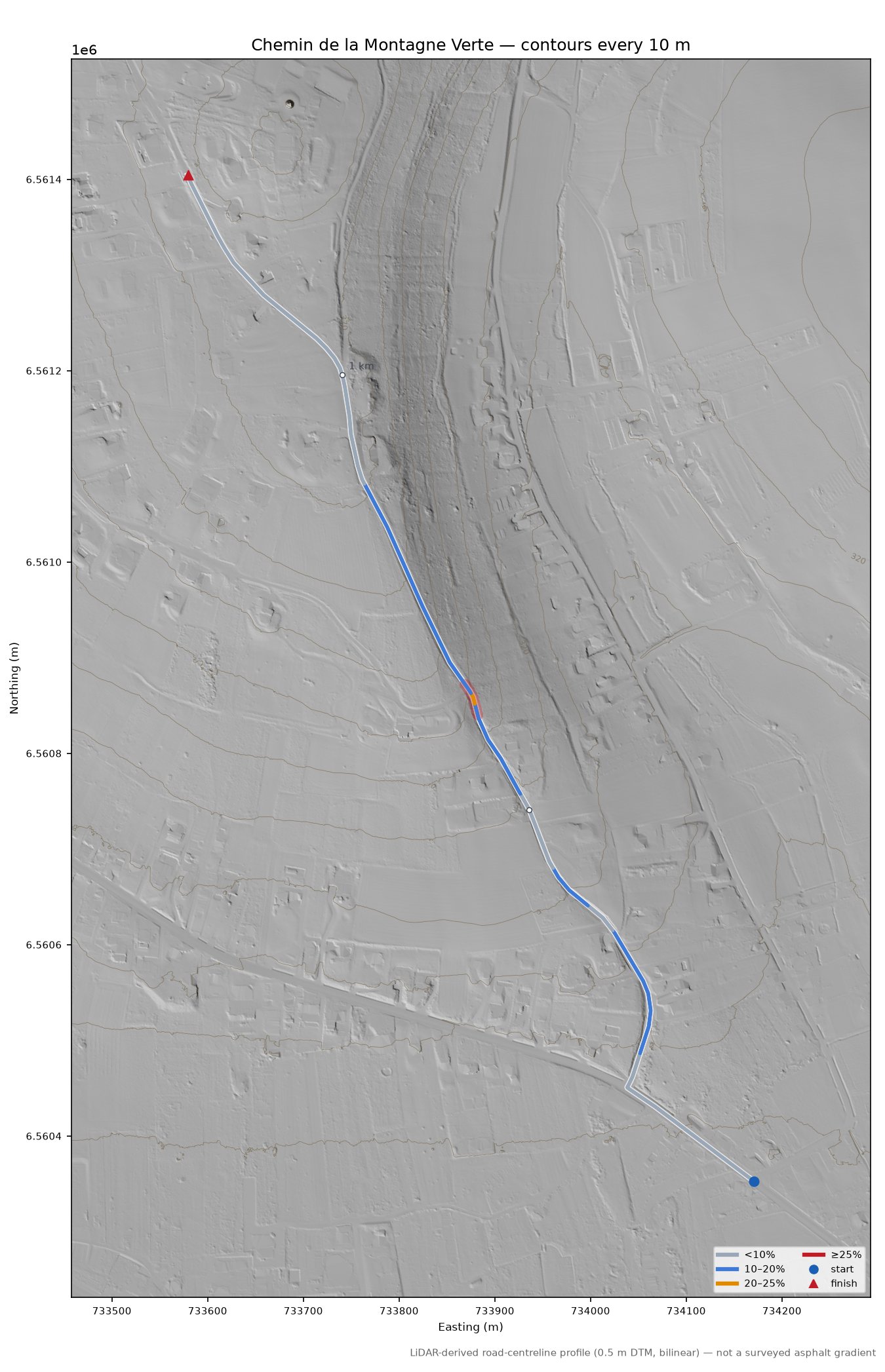 Chemin de la Montagne Verte LiDAR hillshade map with contours