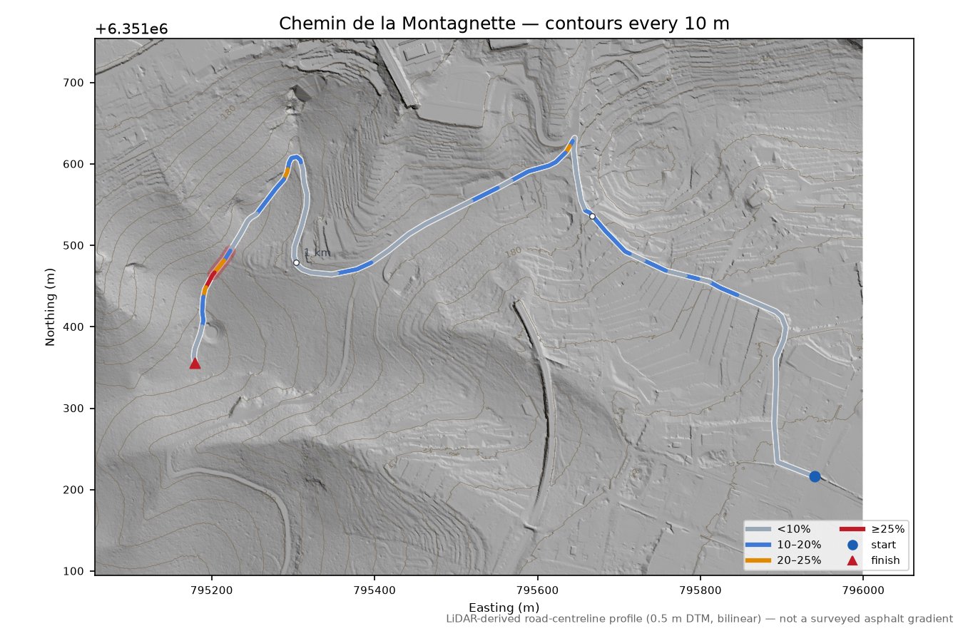 Chemin de la Montagnette LiDAR hillshade map with contours