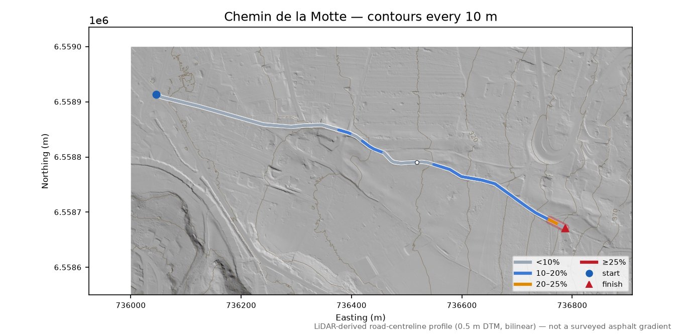 Chemin de la Motte LiDAR hillshade map with contours