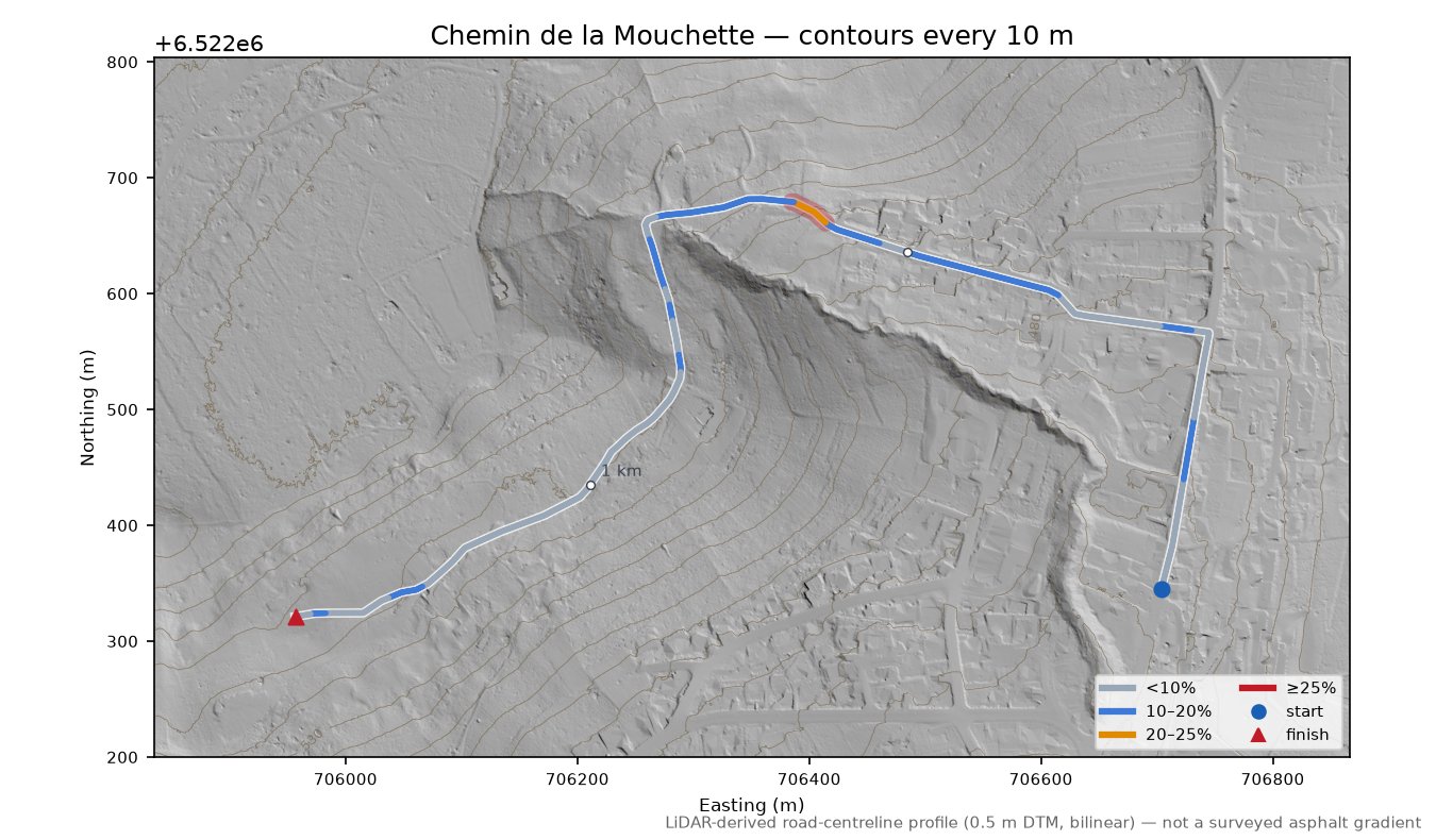 Chemin de la Mouchette LiDAR hillshade map with contours