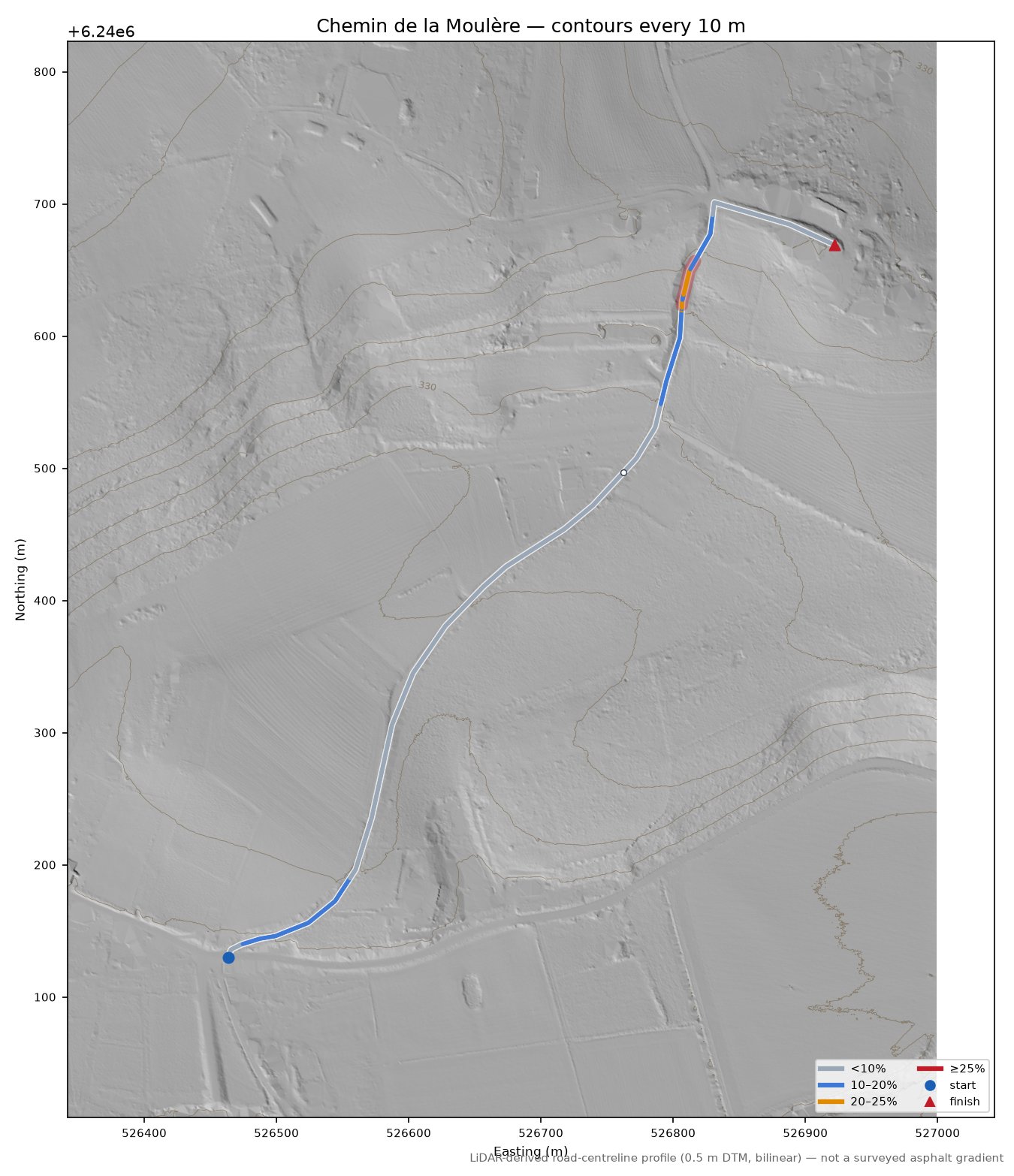 Chemin de la Moulère LiDAR hillshade map with contours