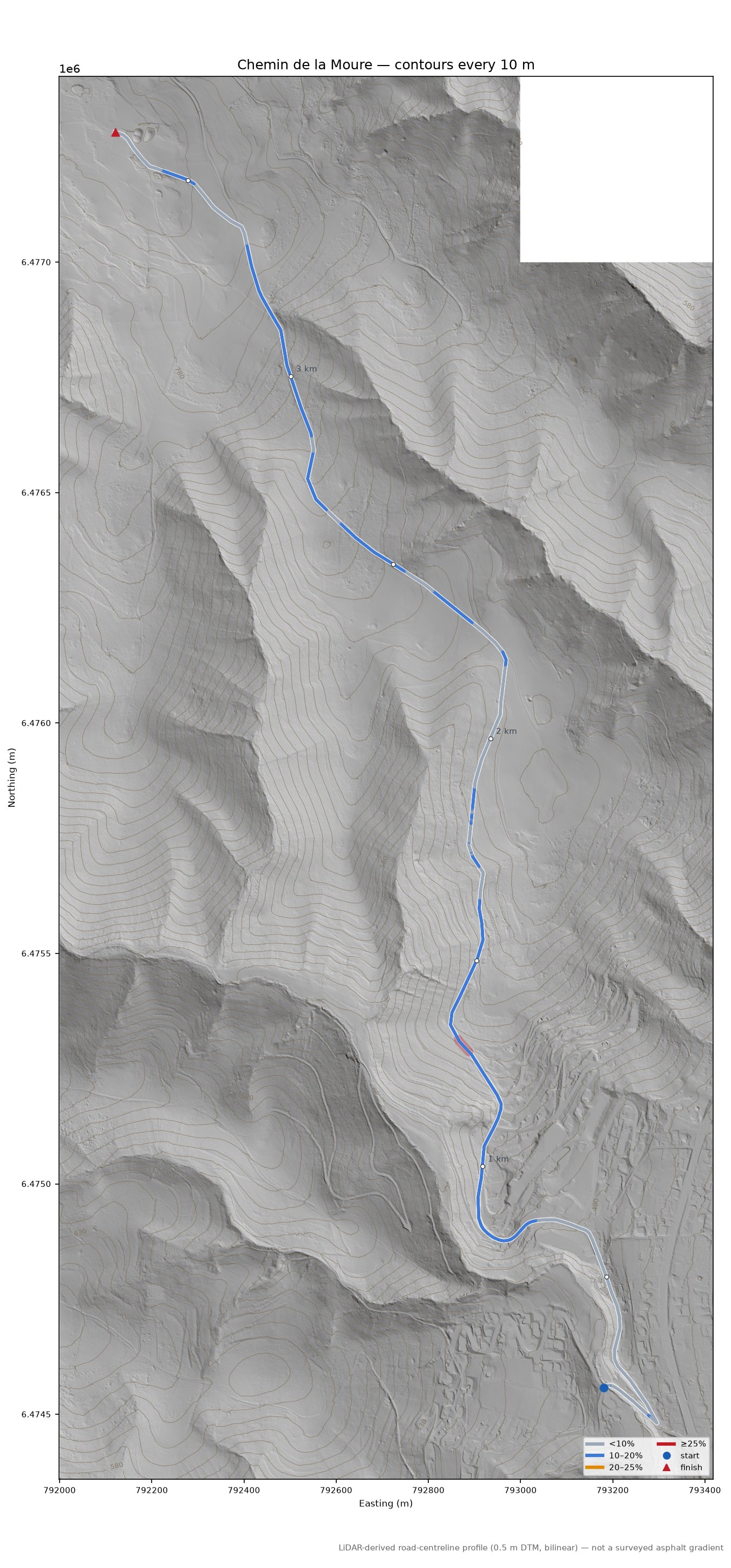 Chemin de la Moure LiDAR hillshade map with contours