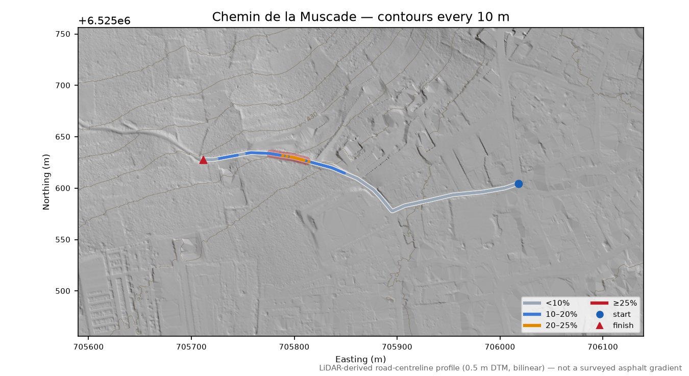 Chemin de la Muscade LiDAR hillshade map with contours