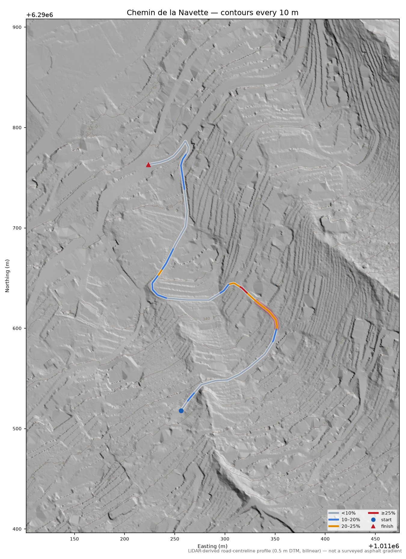 Chemin de la Navette LiDAR hillshade map with contours