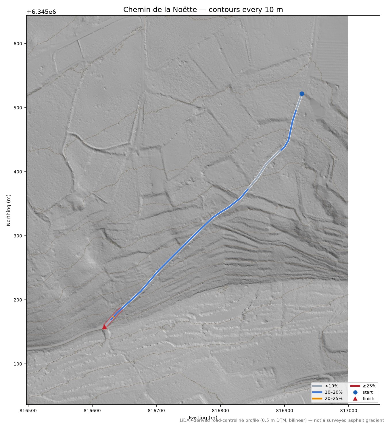 Chemin de la Noëtte LiDAR hillshade map with contours