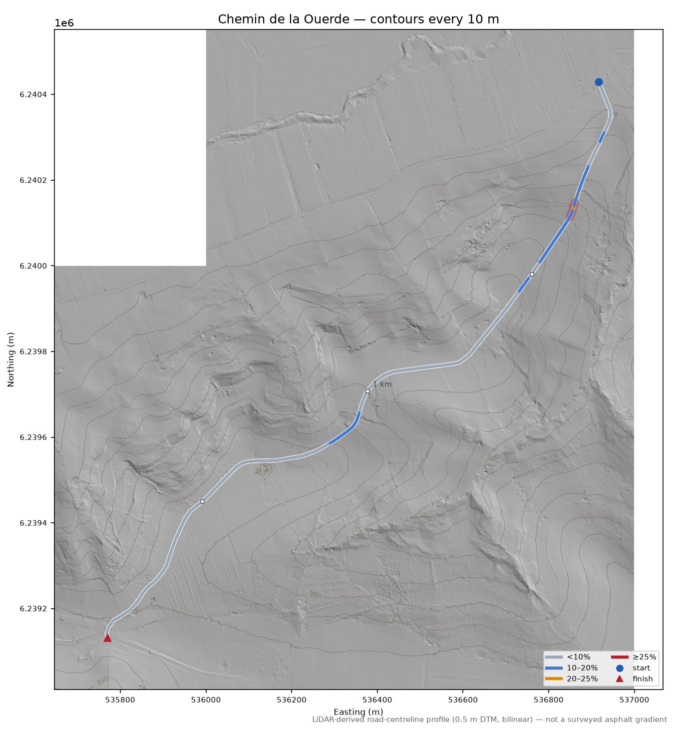 Chemin de la Ouerde LiDAR hillshade map with contours