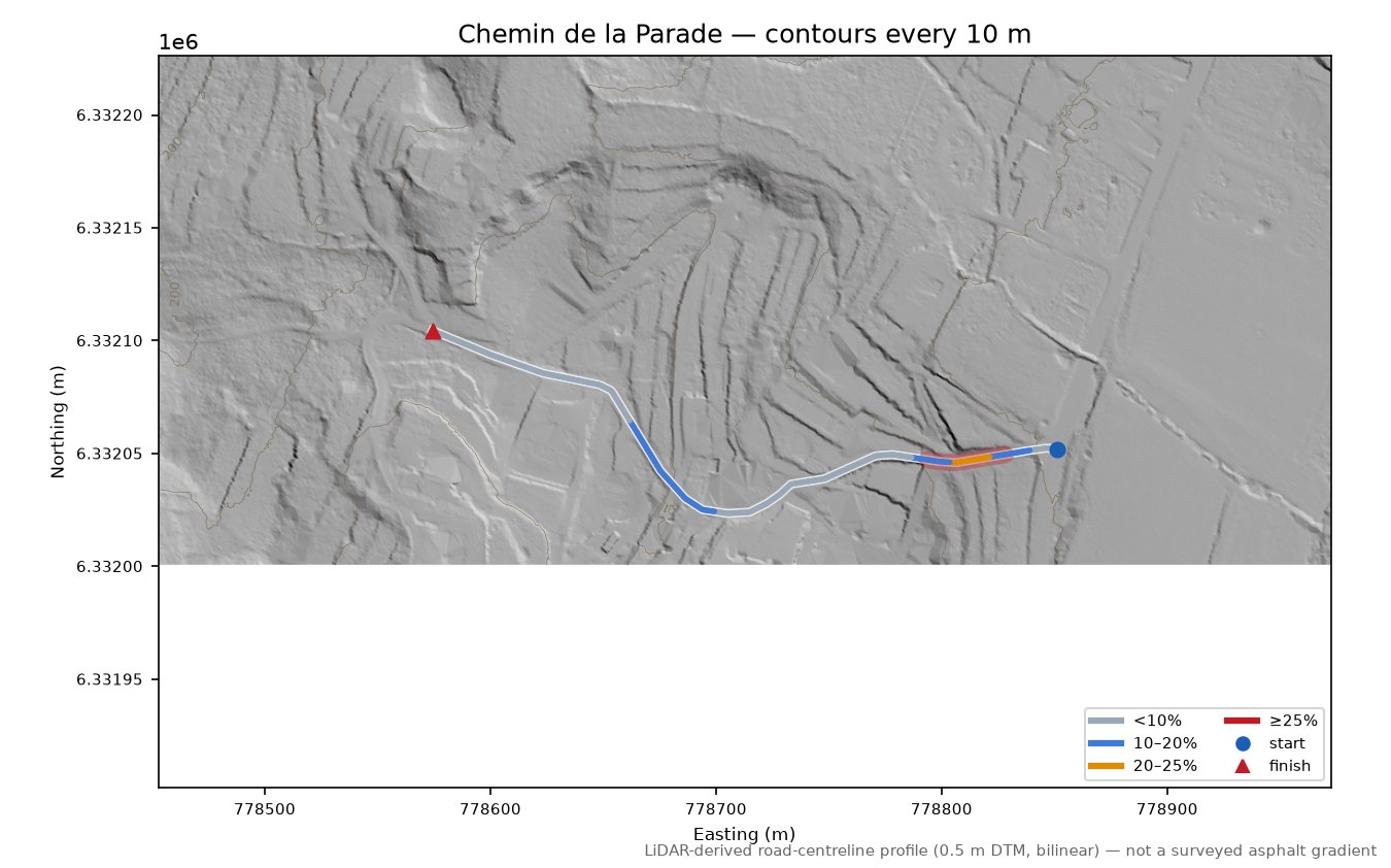 Chemin de la Parade LiDAR hillshade map with contours