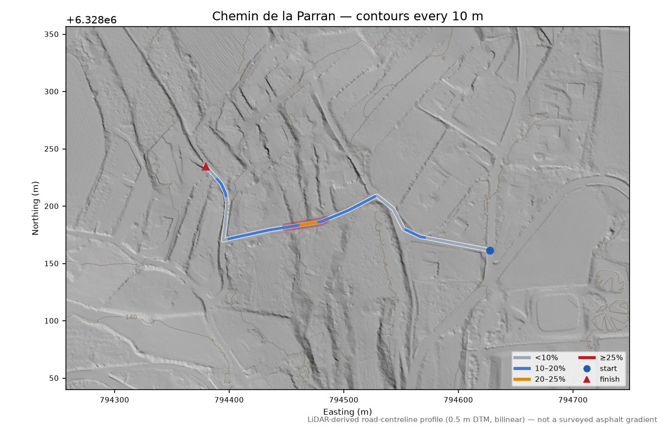 Chemin de la Parran LiDAR hillshade map with contours