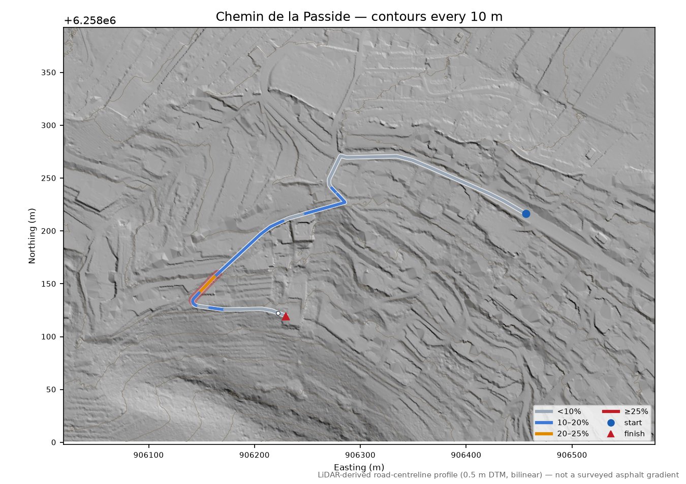 Chemin de la Passide LiDAR hillshade map with contours