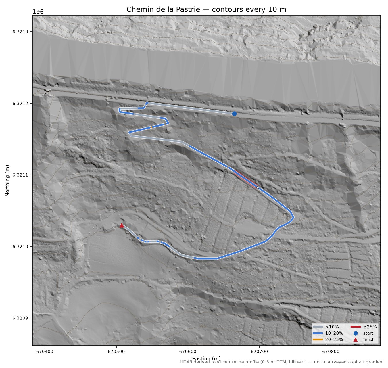 Chemin de la Pastrie LiDAR hillshade map with contours