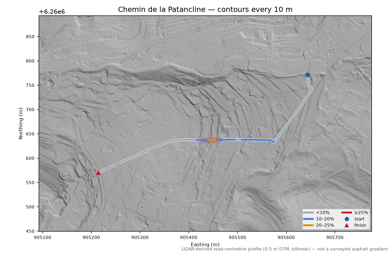 Chemin de la Patancline LiDAR hillshade map with contours
