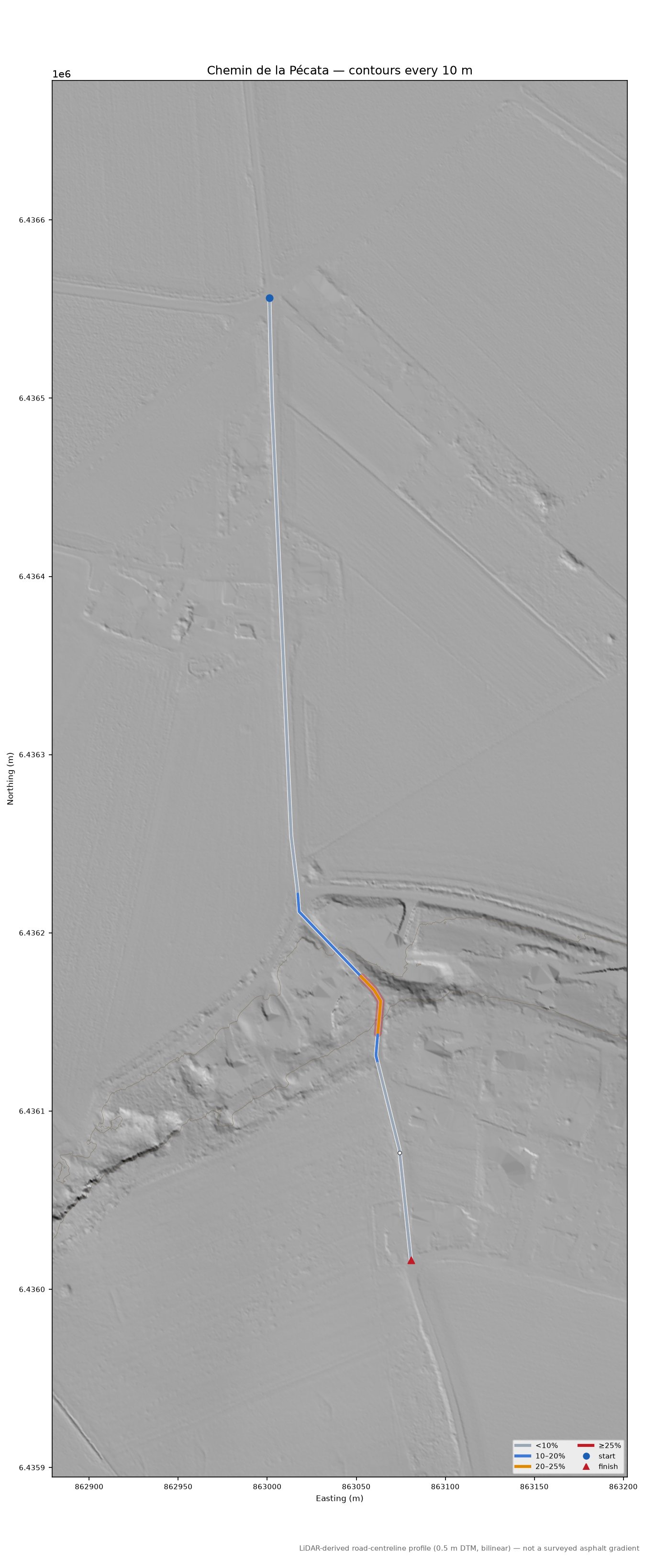 Chemin de la Pécata LiDAR hillshade map with contours