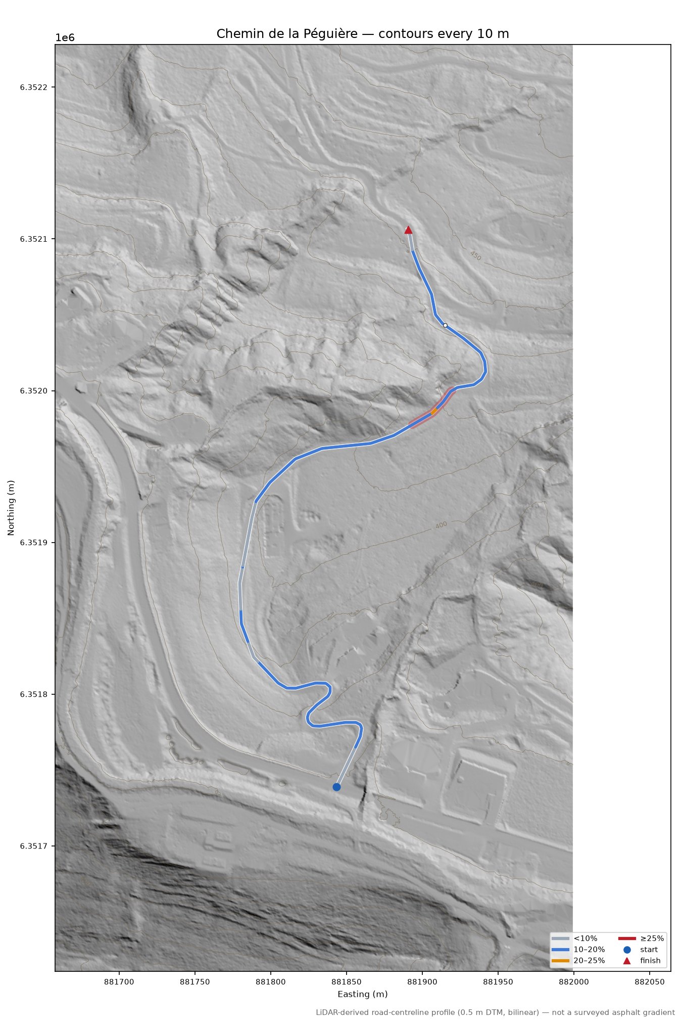 Chemin de la Péguière LiDAR hillshade map with contours