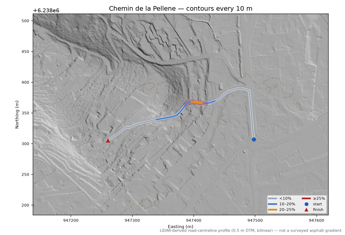 Chemin de la Pellene LiDAR hillshade map with contours