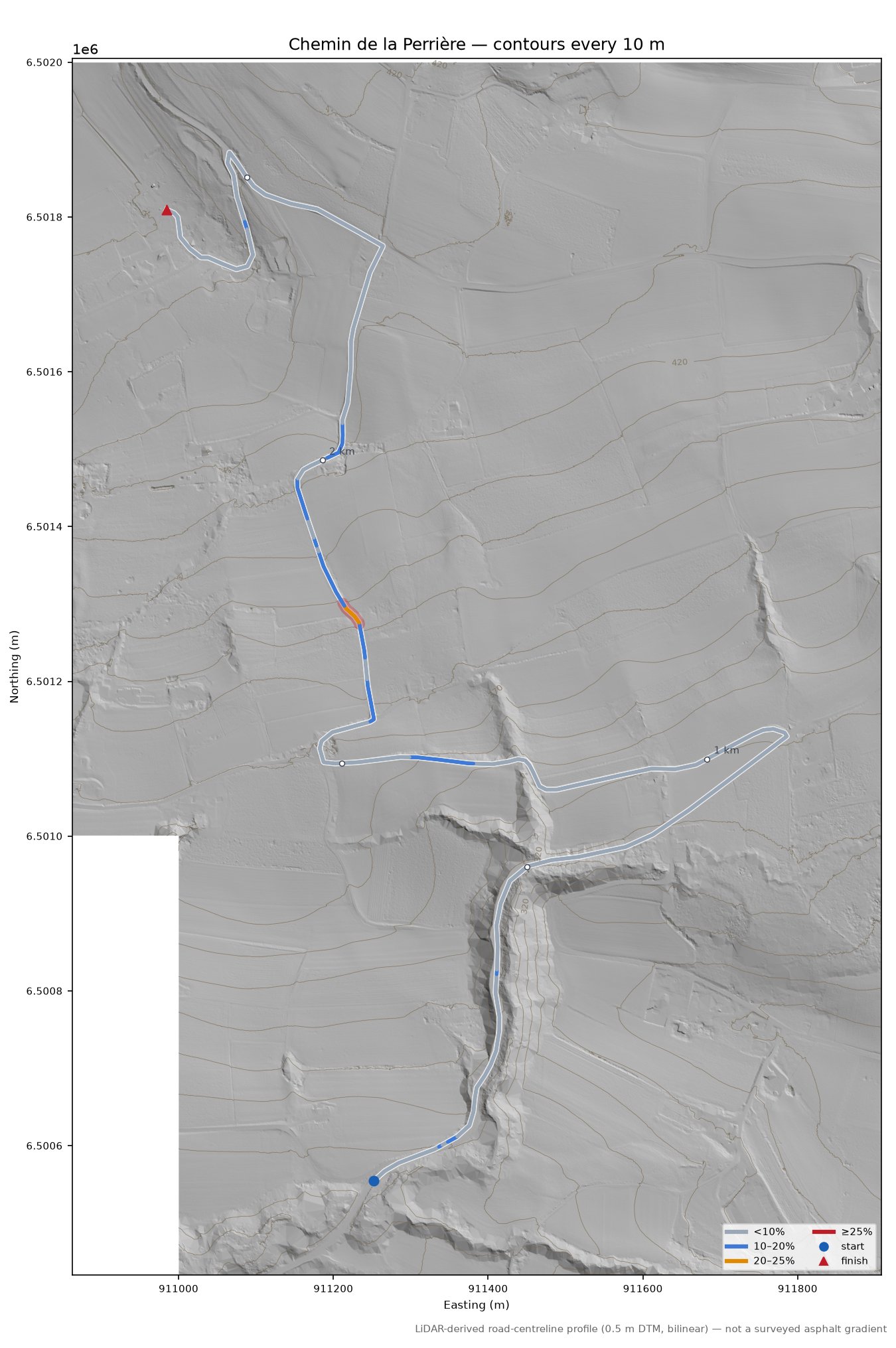Chemin de la Perrière LiDAR hillshade map with contours