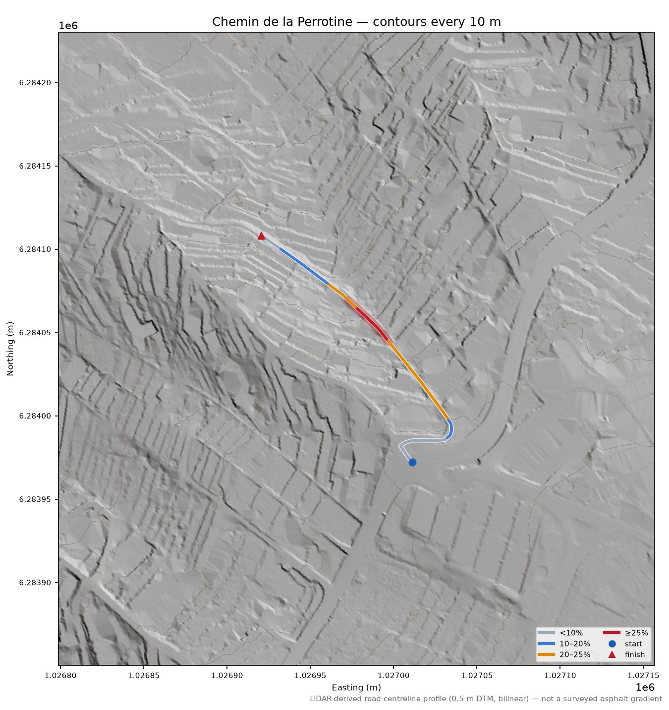 Chemin de la Perrotine LiDAR hillshade map with contours