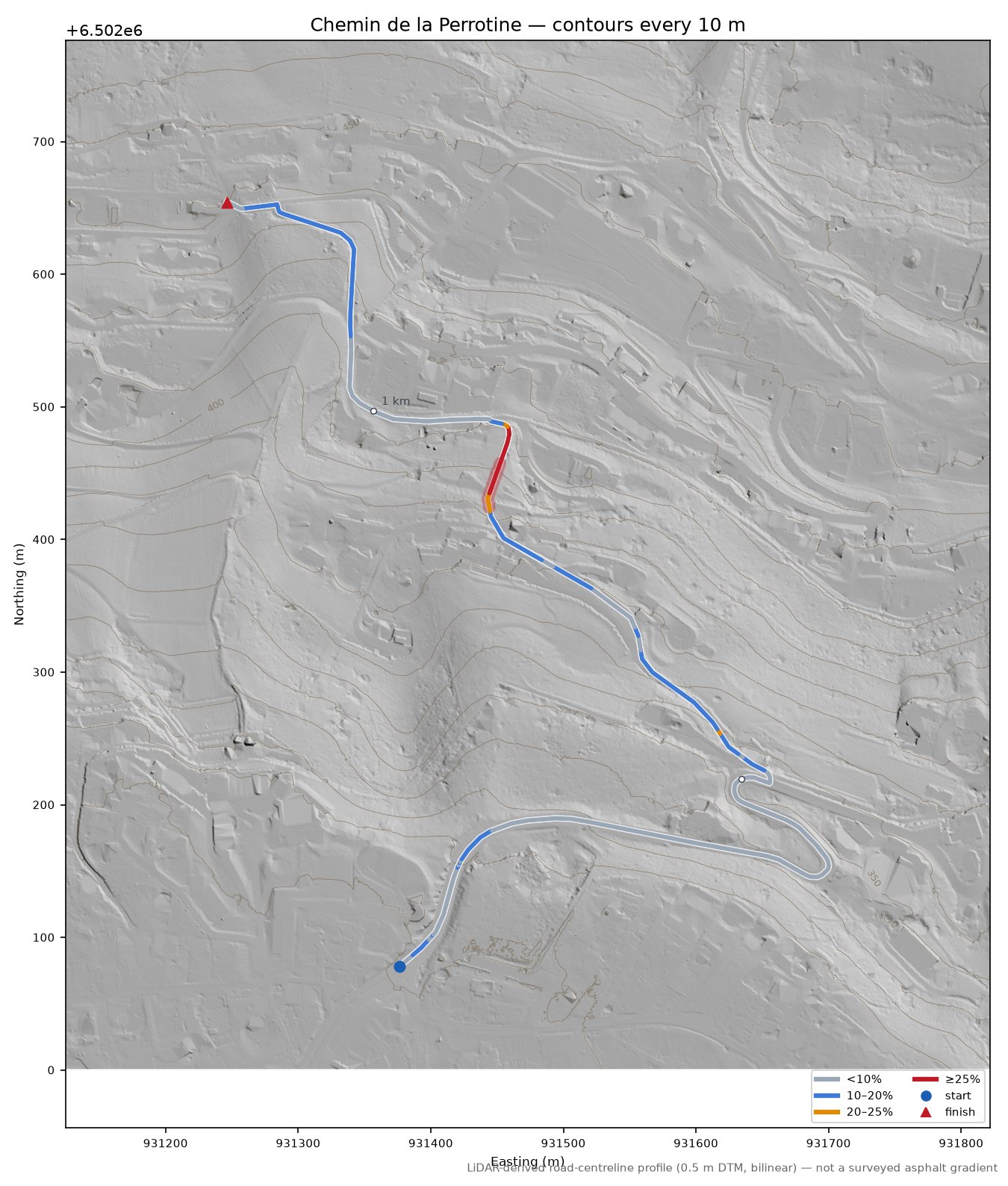 Chemin de la Perrotine LiDAR hillshade map with contours