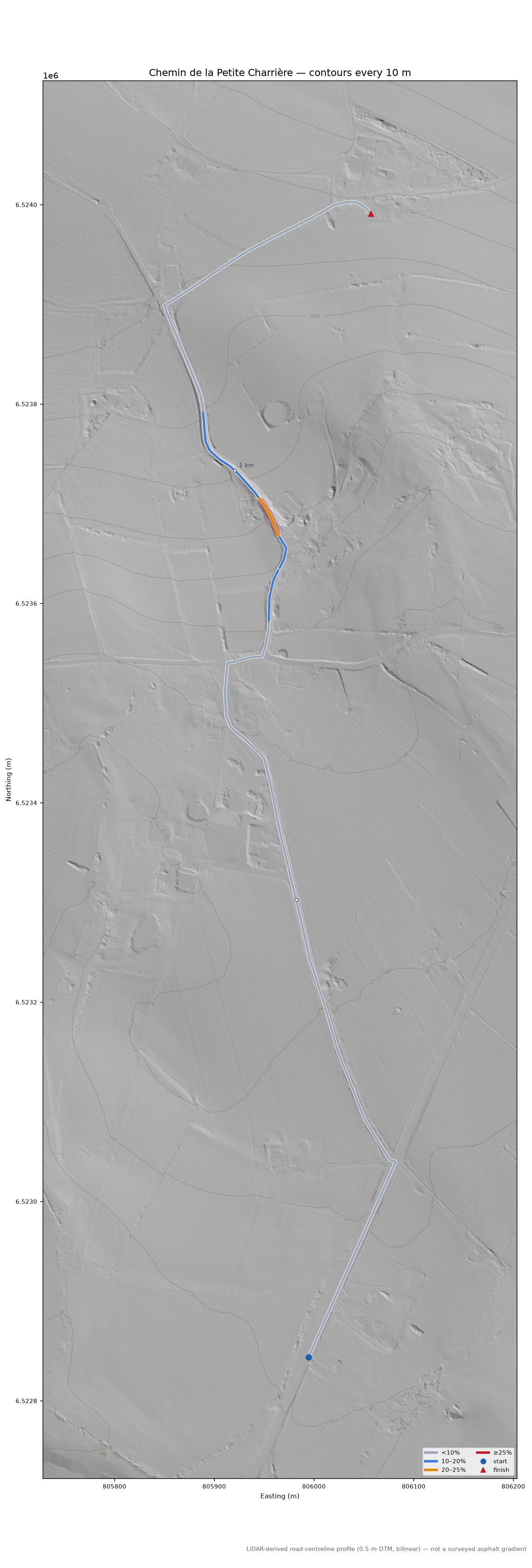 Chemin de la Petite Charrière LiDAR hillshade map with contours