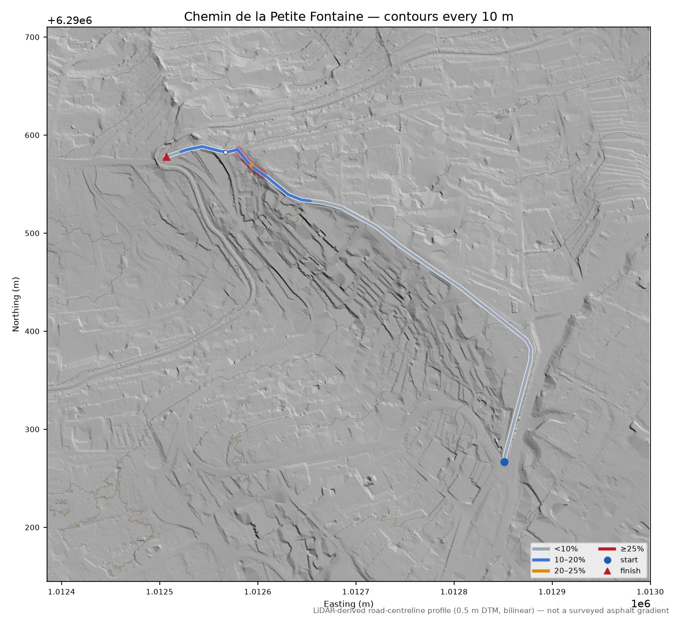 Chemin de la Petite Fontaine LiDAR hillshade map with contours