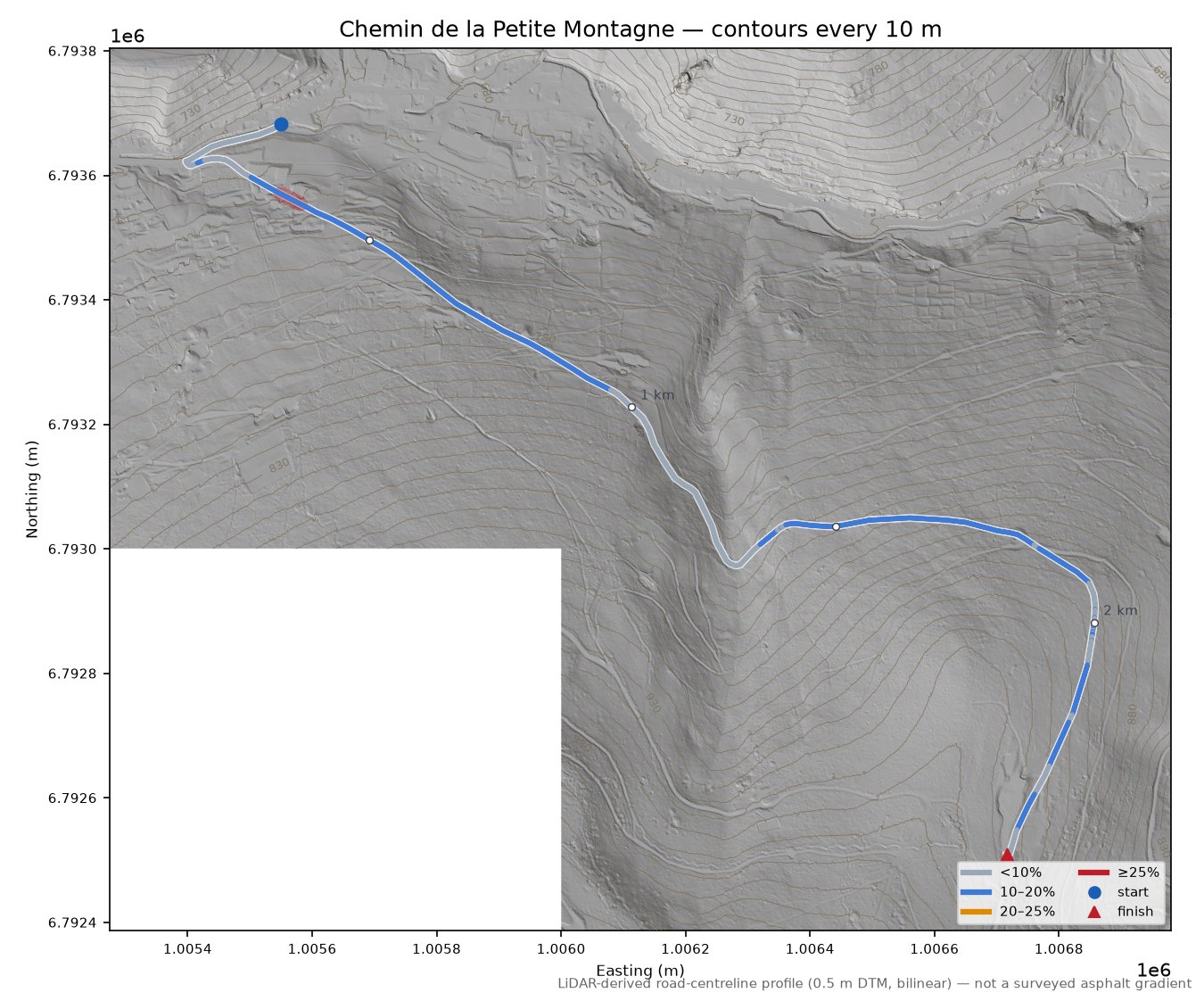 Chemin de la Petite Montagne LiDAR hillshade map with contours