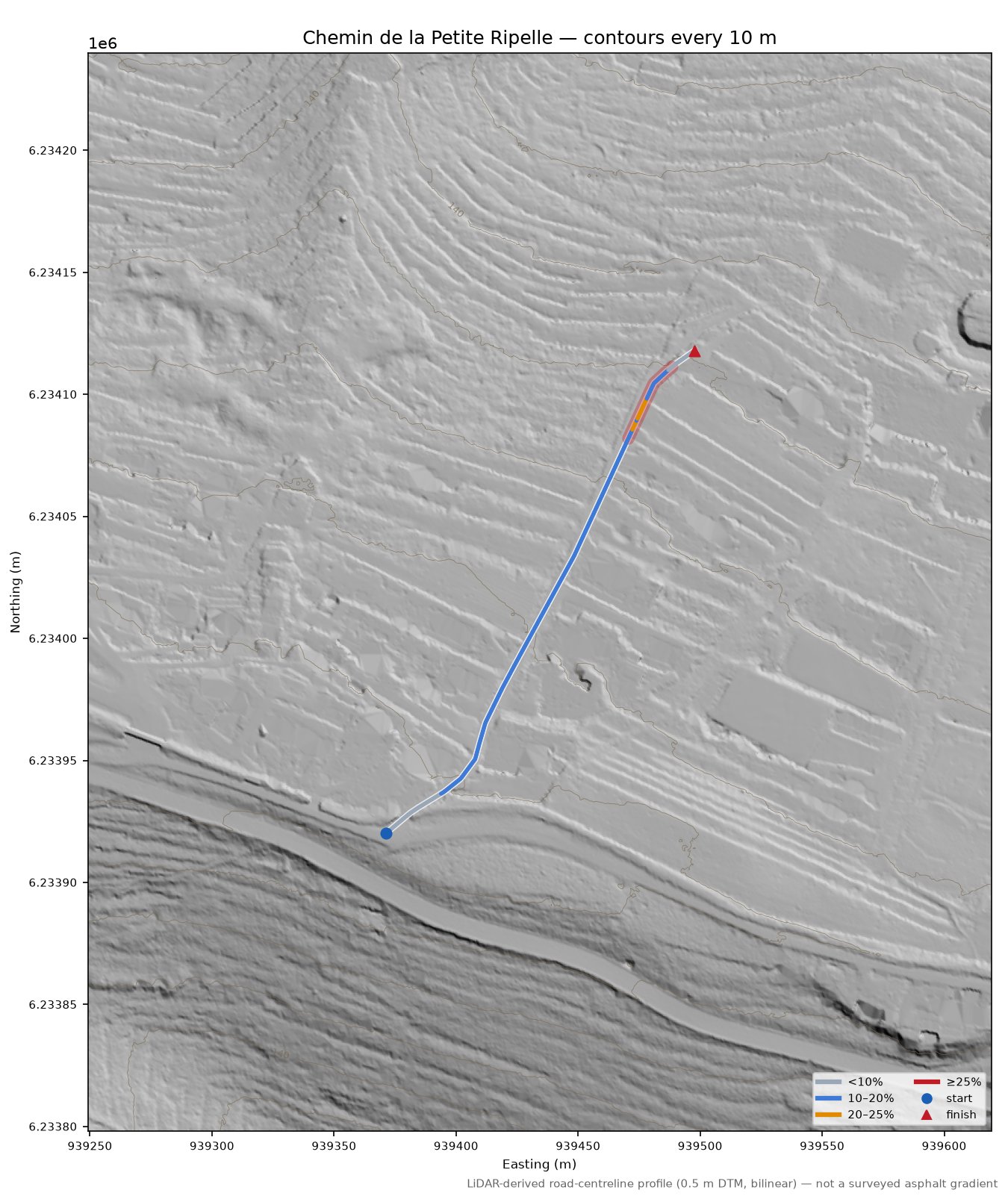 Chemin de la Petite Ripelle LiDAR hillshade map with contours