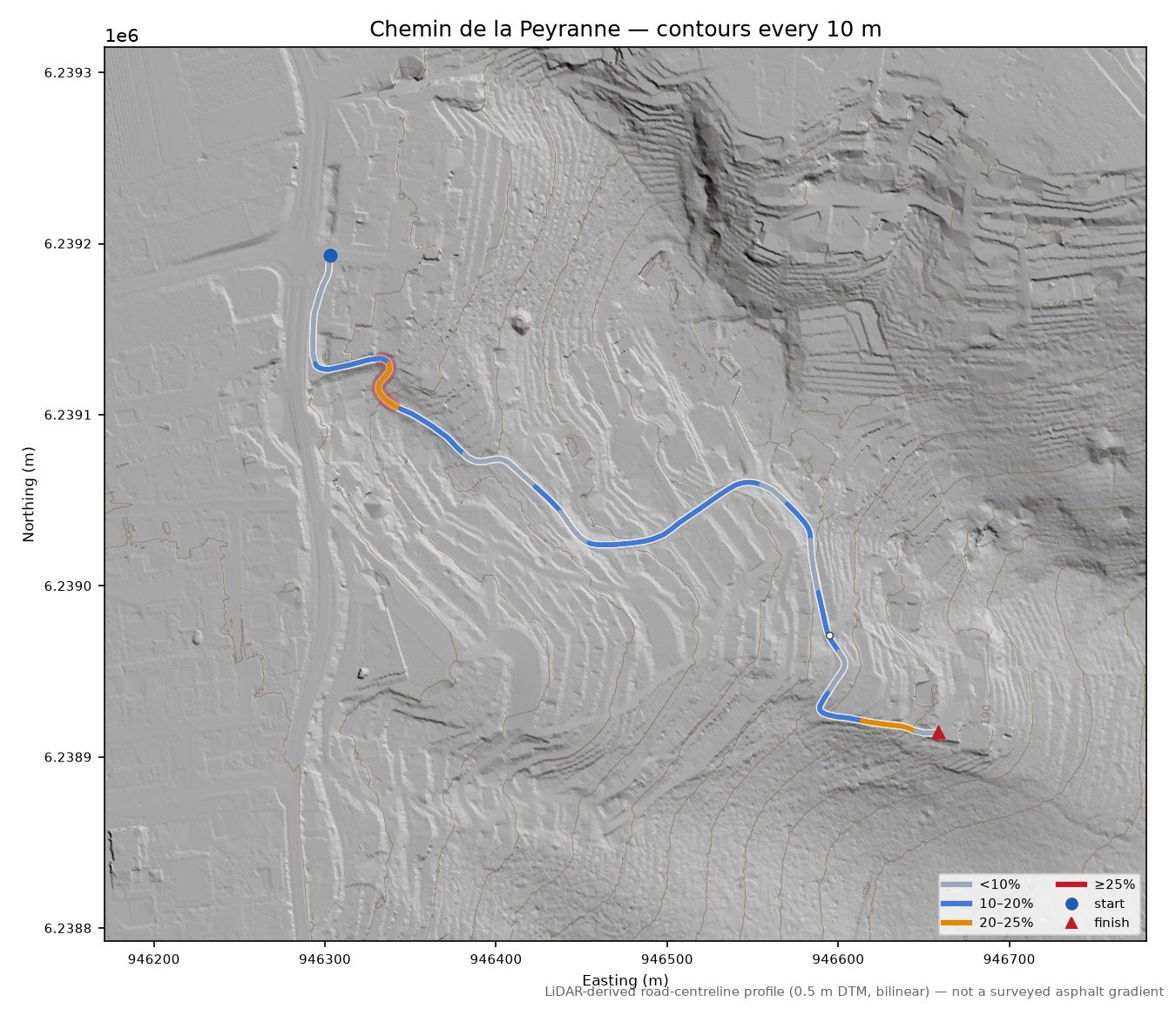 Chemin de la Peyranne LiDAR hillshade map with contours