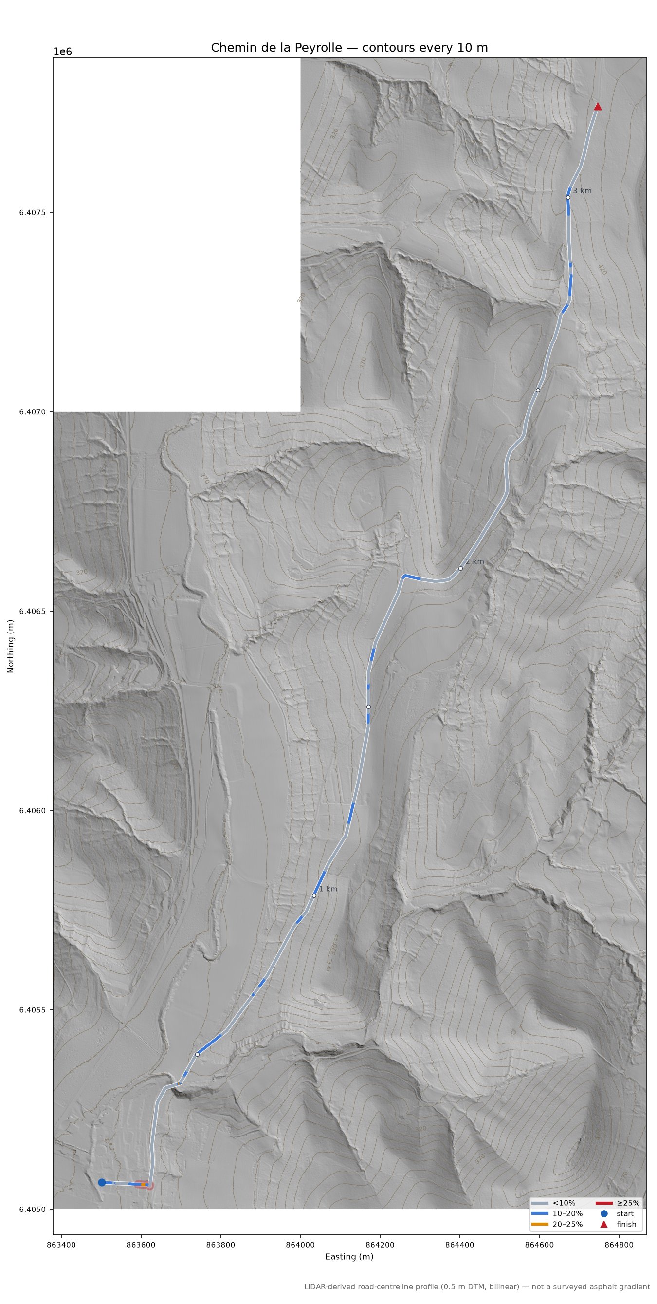 Chemin de la Peyrolle LiDAR hillshade map with contours